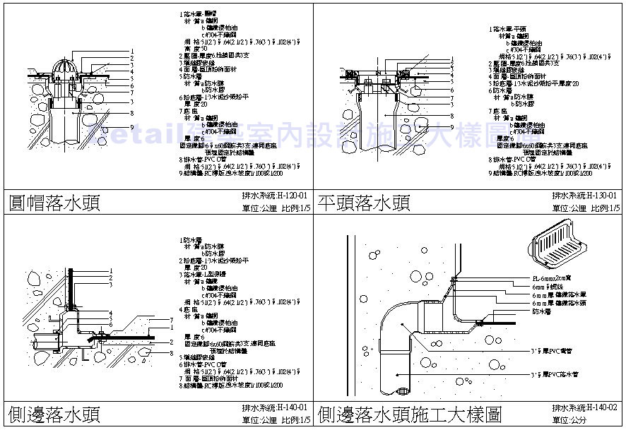 ★排水系統施工細部圖 落水頭 排水系統 排水回收 中水系統 排水施工圖 防漏